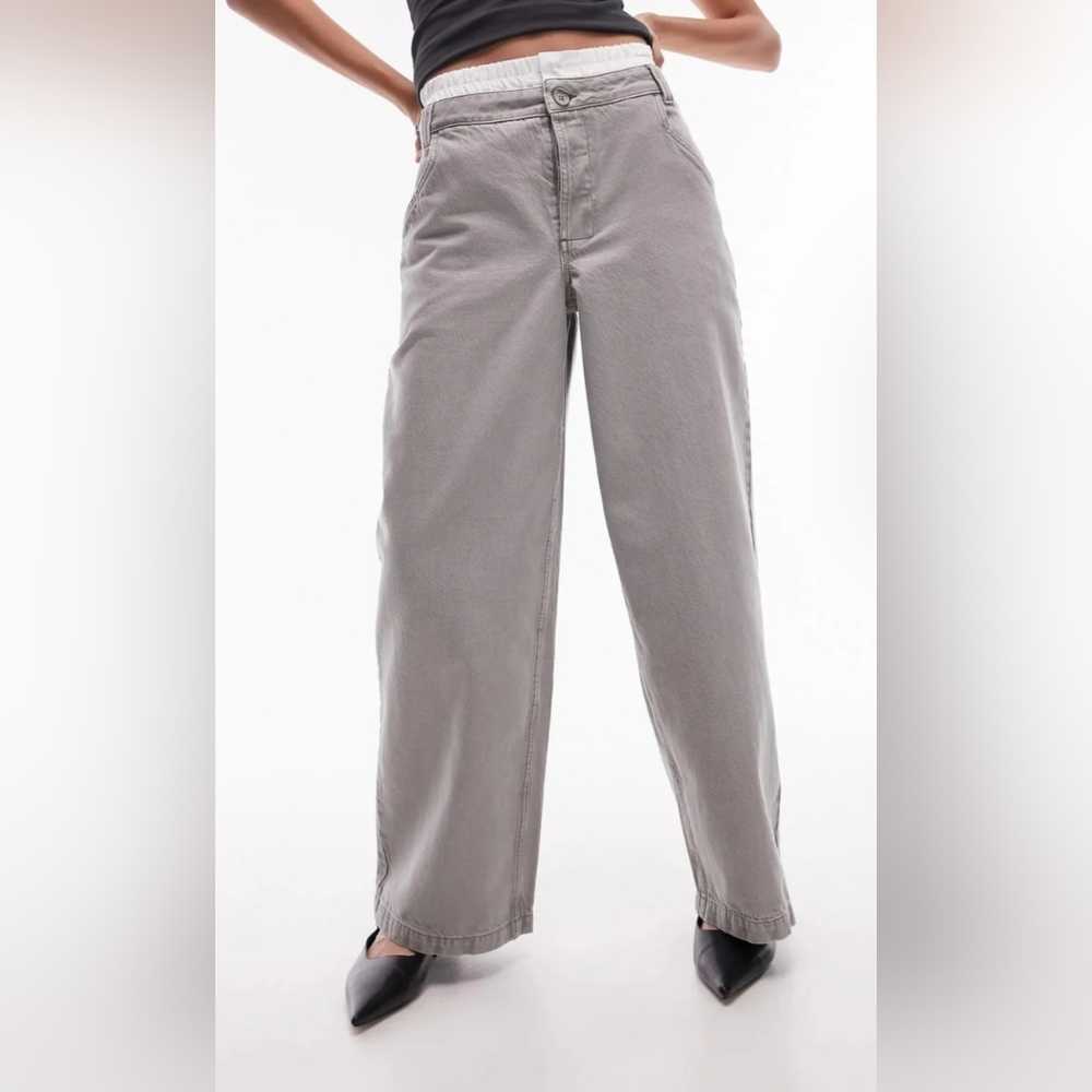 NEW TOPSHOP DECONSTUCTED BOXER SHORT INSERT WIDE LEG TROUSER JEAN IN GREY